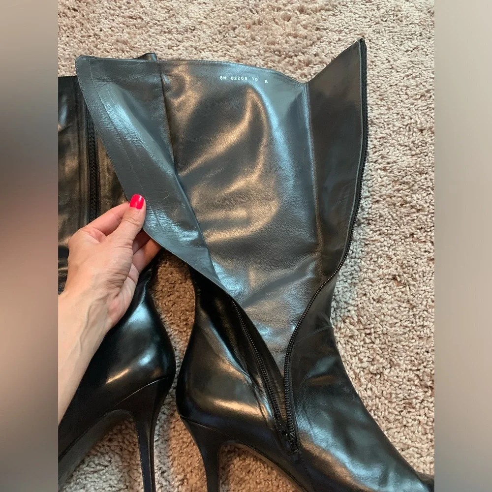 Stuart Weitzman Knee Length High Boots Shoes With Heel Zip Up Black Leather 8W